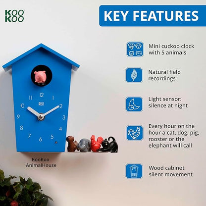 KOOKOO AnimalHouse Blue, Small Cuckoo Clock with 5 Farm Animals Sounds (Natural Field Recordings)