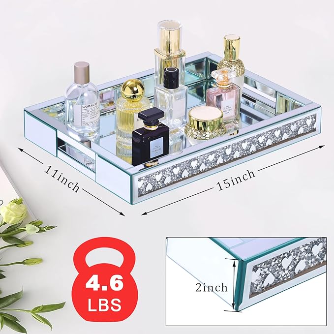 Crush Diamond Mirror Perfume Tray, Silver Glass Mirror Trays for Vanity, Heart Pattern Table Trays Decorative, Vanity Trays for Bedroom Dresser Bathroom(15”x11”x2”)
