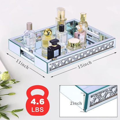 Crush Diamond Mirror Perfume Tray, Silver Glass Mirror Trays for Vanity, Heart Pattern Table Trays Decorative, Vanity Trays for Bedroom Dresser Bathroom(15”x11”x2”)