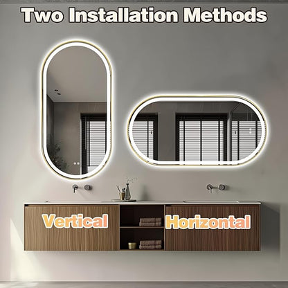 Niccy Oval LED Mirror for Bathroom, 48x24 Front Lit + Backlit Vanity Mirrors with Light Anti-Fog, Shatter-Proof, 3 Colors, Makeup Mirror with Old Gold Frame (Horizontal/Vertical)