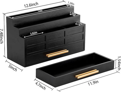 Black Wood Desk Organizer and Accessories with Drawer, Bill Mail Organizer and File Mail Holder for Office Supplies, Rustic Desk Accessories & Workspace Organizers for Desk Organization