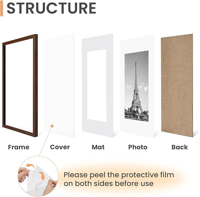 upsimples 11x14 Picture Frame Set of 5, Display Pictures 8x10 with Mat or 11x14 Without Mat, Wall Gallery Photo Frames, Brown