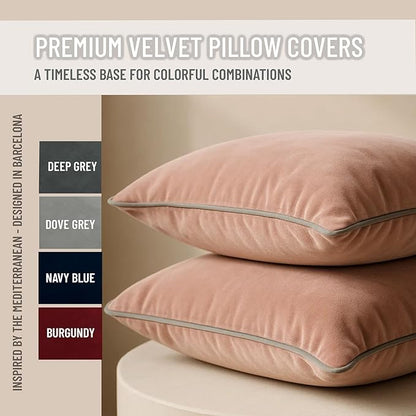 2 Pack Velvet Decorative Throw Pillow Covers, 20"x20", Pink and Grey, Solid, Modern, Contrast Piping, Indoor Use, Bedroom & Living Room
