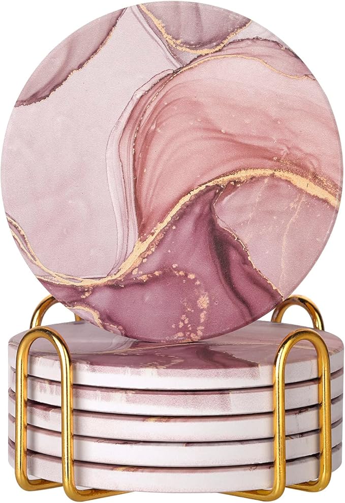 Absorbent Pink Marble Ceramic Coasters for Drinks with Gold Holder and Cork Base Set of 6 Round Decorative Tabletop Protection for Coffee Table Bar Kitchen Home and Dining Room