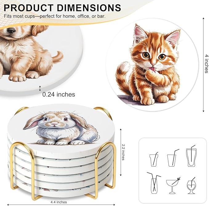 Ceramic Coasters Set of 6 with Holder, Pet Lover Style, Absorbent Drink Coaster Set for Home Decor, Cups, Mugs and Glasses (Ivory Cute Pets)