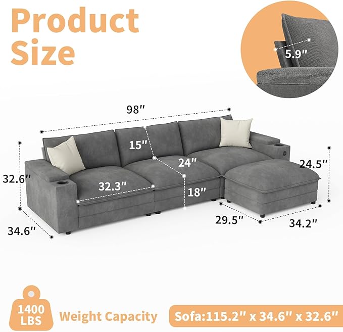 115" L Shaped Cloud Sofa Couch with Ottoman, Storage Armrest, Cup Holders, USB & Type-C Ports, Spring Cushions, Solid Wood Frame, Chenille Modular Sectional for Living Room (Dark Gray-L-115.2")
