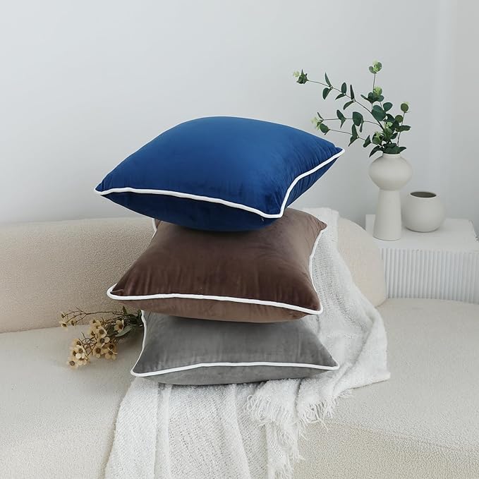 LIGICKY Set of 2 Navy Blue Velvet Throw Pillow Covers Modern Minimalist Style Solid Decorative White Rope Edging Soft Square Cushion Cases for Sofa Bedroom Party Décor, 18 x 18 inch