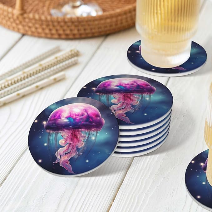 6 Pcs Ceramic Coasters with Holder Absorbent Drink Round Galaxy Gellyfish Design for Home Table Coffee Cup Wine Beer Bar,Size 4.4 inches