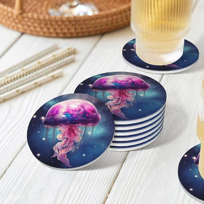 6 Pcs Ceramic Coasters with Holder Absorbent Drink Round Galaxy Gellyfish Design for Home Table Coffee Cup Wine Beer Bar,Size 4.4 inches