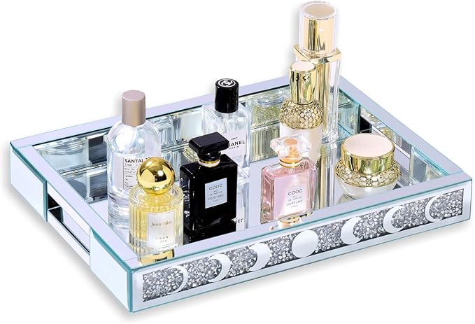 Crush Diamond Mirror Perfume Tray, Silver Glass Mirror Trays for Vanity, Table Trays Decorative, Moon Phase Pattern Vanity Trays for Bedroom Dresser Bathroom(15”x11”x2”)