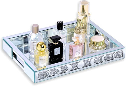 Crush Diamond Mirror Perfume Tray, Silver Glass Mirror Trays for Vanity, Table Trays Decorative, Moon Phase Pattern Vanity Trays for Bedroom Dresser Bathroom(15”x11”x2”)