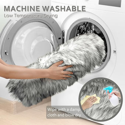 Ciicool Ultra Soft Faux Sheepskin Fur Rug Fluffy Rug for Bedroom Fuzzy Carpet for Living Room Kid's Room Nursery Decor, White Gradient Sliver Black 2 x 6 Feet