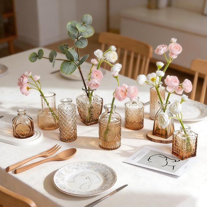 Vintage Gradient Amber Glass Bud Vase in Bulk 12, Rustic Small Flower Vases Set for Table, Mantel, Centerpieces, Wedding, Decorative Embossed Mini Vase Bottles for Home, Party, Baby Shower