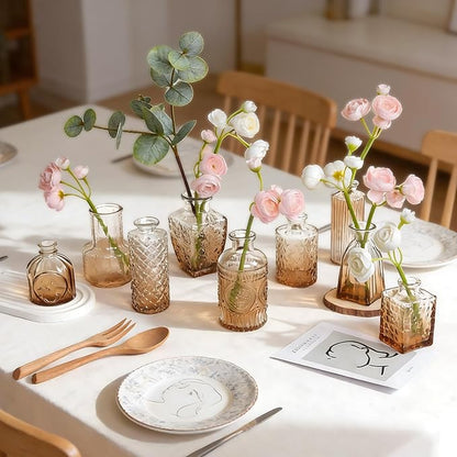 Vintage Gradient Amber Glass Bud Vase in Bulk 12, Rustic Small Flower Vases Set for Table, Mantel, Centerpieces, Wedding, Decorative Embossed Mini Vase Bottles for Home, Party, Baby Shower