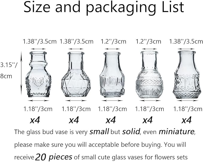 Glass Bud Vase Clear - Mini Vases 20Pcs/Set Bud Vases for Flowers Cute Clear Vintage Small Glass Vases Bud vases in Bulk for Decor, Home Table Centerpieces, Dinning, Wedding