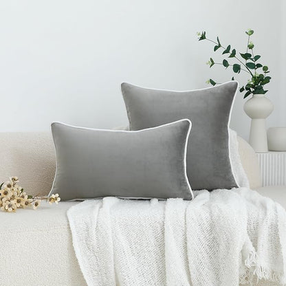 LIGICKY Set of 2 Grey Velvet Throw Pillow Covers Modern Minimalist Style Solid Decorative White Rope Edging Soft Square Cushion Cases for Sofa Bedroom Party Décor, 18 x 18 inch