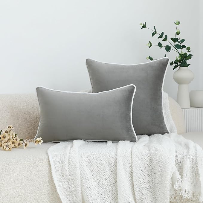LIGICKY Set of 2 Grey Velvet Lumbar Pillow Covers Modern Minimalist Style Solid Decorative White Rope Edging Soft Rectangle Cushion Cases for Sofa Bedroom Party Décor, 12 x 20 inch