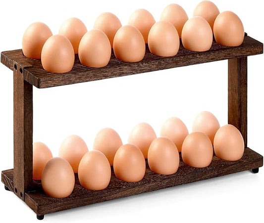 PEKER Wooden Egg Holder, 2-Tier Countertop Egg Rack, 24-Egg Capacity (Paulownia Wood), Farmhouse Kitchen Organizer for Fresh Eggs