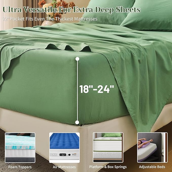 MEISHANG 100% French Pure Linen Sheets Queen Size - 6 PC Extra Deep Pocket Sheet Set, Soft Durable Flax Linen, Anti-Tear Breathable & Oeko-Tex Certified 18-24 Deep Pocket,All Season(Sage Green)