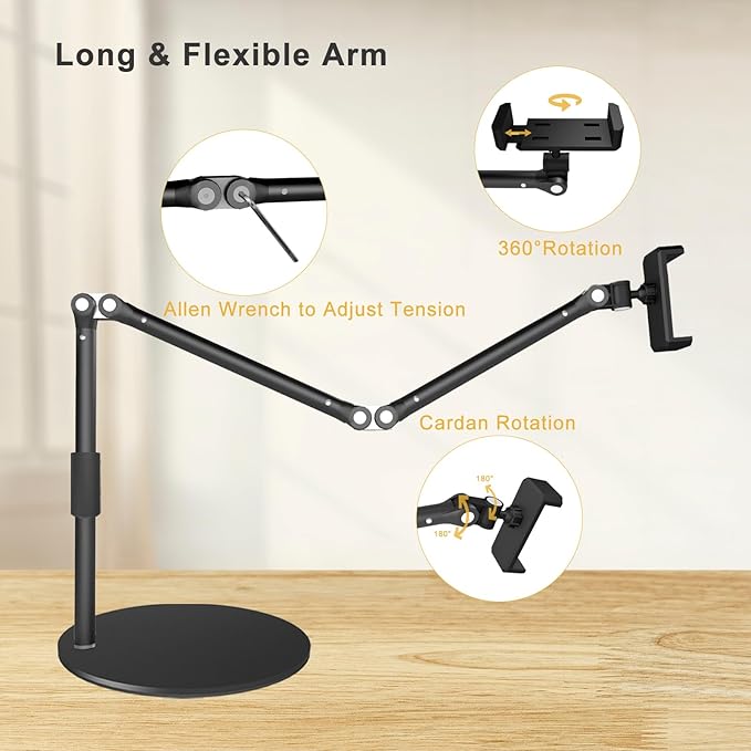 Heavy Duty Overhead Phone Mount for Desk, 17 in Long Arm iPhone Holder, 360° Swivel Stand for Video Recording, Filming, Live Streaming, Cooking, Painting, Crafting