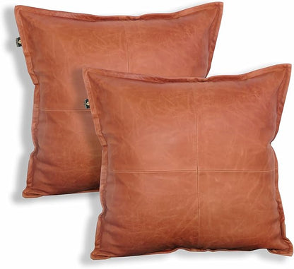 LL LEATHER LOVERS Lambskin Leather Pillow Cover - Sofa Cushion Case - Decorative Throw Covers for Living Room & Bedroom, 14x14 Inches - Tan Orange Box Pack of 2