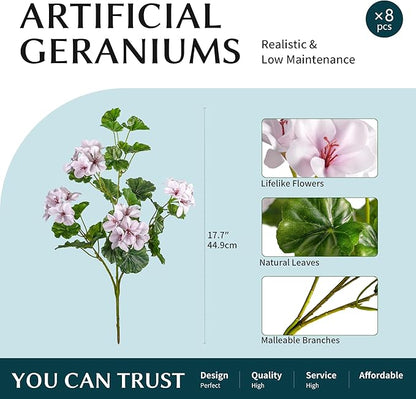 Artificial Flowers for Outdoors Artificial Geraniums for Indoor Fake Flowers 17.7In Uv Resistant Artificial Outdoor Flowers for Indoor Home Decor Outdoor Garden Decoration 8PCS,Pinkish White