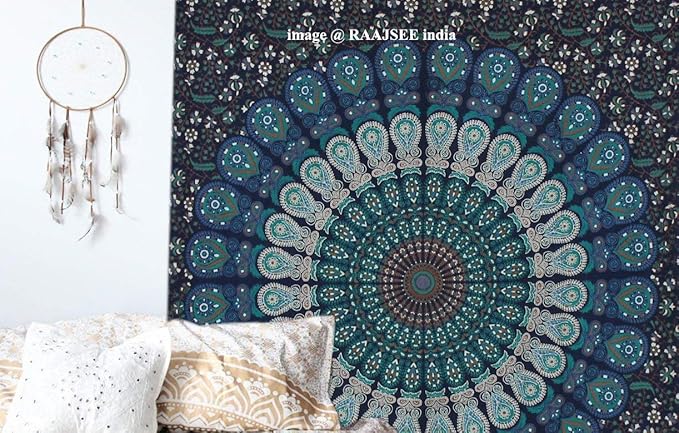 Rajsee Blue Mandala Tapestry for Bedroom, Aesthetic Room Decor, Queen 210x220 cms