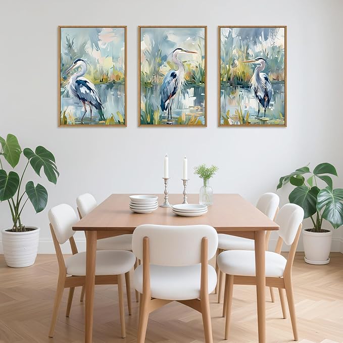 HLNIUC Great Blue Heron Wall Art Set of 3, Watercolor Coastal Bird Wall Decor(16x24), Wildlife Animal Illustrations Canvas Painting, Modern Boho Nature Avian Art Prints for Living Room,Bedroom, Office