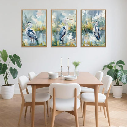 HLNIUC Great Blue Heron Wall Art Set of 3, Watercolor Coastal Bird Wall Decor(16x24), Wildlife Animal Illustrations Canvas Painting, Modern Boho Nature Avian Art Prints for Living Room,Bedroom, Office