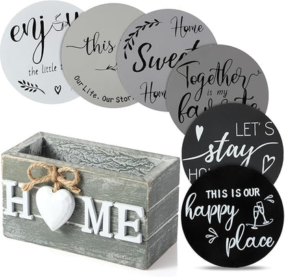 Queekay Coasters Set of 6 House Warming Gifts New Home Wooden Farmhouse Drink Coasters with Holder 4'' Funny Decoration for Kitchen Family Coffee Bar Tabletop Protection(Gray)