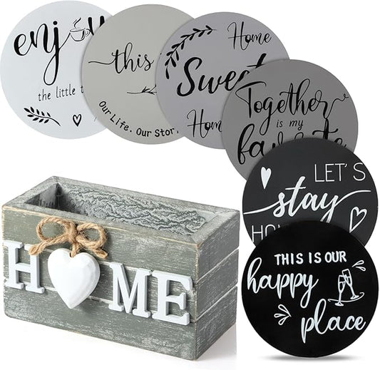 Queekay Coasters Set of 6 House Warming Gifts New Home Wooden Farmhouse Drink Coasters with Holder 4'' Funny Decoration for Kitchen Family Coffee Bar Tabletop Protection(Gray)