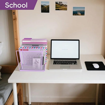 File Organizer for Desk, 5-Section Vertical File Sorter, Paper Holder Organizer Standing Metal File Folder for Office Home Classroom, Purple