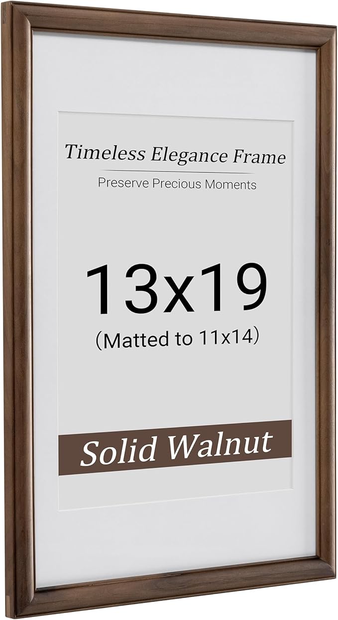 Heimlove 13x19 Picture Frame,13 x 19 Natural Solid Walnut Wood Frame Matted to 11x14 with Tempered Glass,13"x19" Handcrafted wood Poster Frame,Vertical or Horizontal Wall Hanging Display,1 Pack