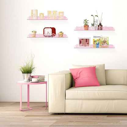 Floating Shelves for Wall,4 Pack 15.7’’x 3.5’’Adhesive Acrylic Shelves Organizer for Book Toy Photo Makeup,Wall-Mounted Kids Storage for Bathroom,Bedroom,Nursery,Pink Butterfly
