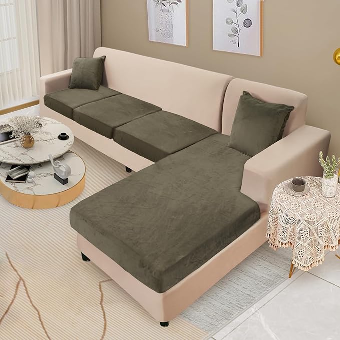 Sectional Couch Cover 4 Pieces Velvet Separate Couch Cushion Covers L Shape Soft Stretch Sofa Slipcovers with 2pcs Pillowcases for Left/Right Chaise Sectional Couch(3 Seater+1 Chaise,Olive Green)