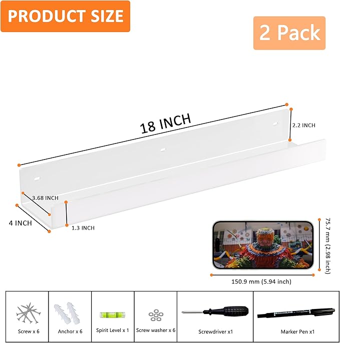 18 Inches White Acrylic Wall Display Shelf 2 Pack, Wall Shelves Organizer for Books, Bottles, Small Plants, Picture Frames, Spice, Wine, Décor, Figures