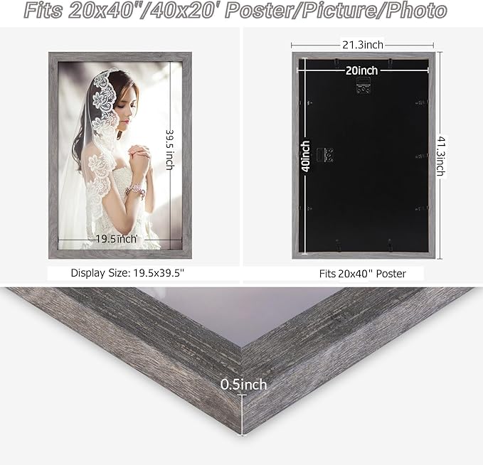 20x40 Frame Distressed Gray, Rustic 40x20 Picture Frame Grey, Art Pic Poster Frame, 20 by 40 Gallery Family Concert Portrait Photo Frame Anniversary/Birthday/Wedding/Thank you/Christmas Gift
