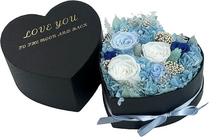 Preserved Roses Heart Shape Box Valentines Day Gifts for Her Mothers Day Forever Flowers (Multicolor-Blue, One Size)