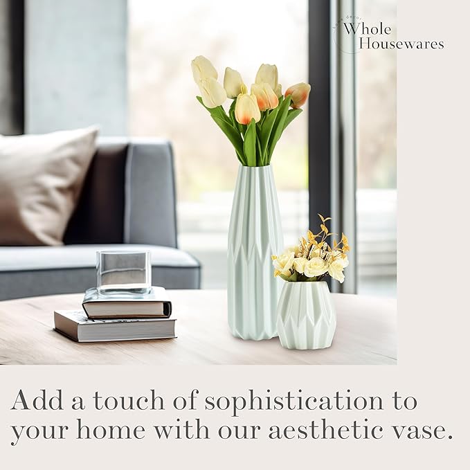 WHOLE HOUSEWARES Ceramic Vases for Decor, Set of 3 - Modern Decorative Accent for Living Room - Pastel Colored Flower Vase with Minimalist Style - Features Round Mouth and Delicate Glazed Lines
