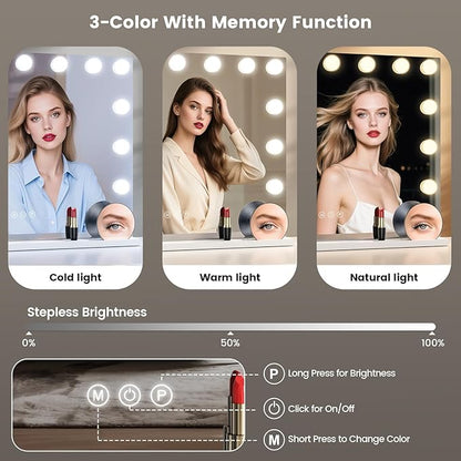 VESAUR Hollywood Vanity Mirror with Lights, Large Lighted Makeup Mirror with 15 Touch Dimmable LED Bulbs, 3 Colors,10X/15X Magnification, USB/Type-C Charging Port, Aluminum Frame, Tabletop/Wall Mount