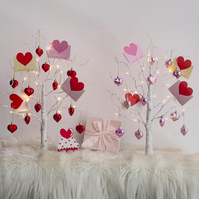 PEIDUO Valentine's Day Decorations, Set of 2 Gift Card Tree with 24 Hanging Heart Ornaments, for Home Indoor Bedroom Anniversary Wedding Party Decor, 6H/18H Timer