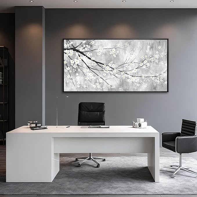 WINKAILIN White Black and Gold Plum Blossom Canvas Wall Art with Black Frame 24"x48" Floral Artwork Modern Botanical Wall Decor for Bedroom Living Room Office Kitchen