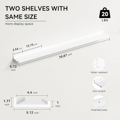 Boswillon 70.9 Inches Long Floating Shelves, 2 Set White Wall Shelf for Bedroom, Nursery Book Shelf with Lip, Picture Ledge Shelf for Wall Decor Living Room Bathroom Kitchen