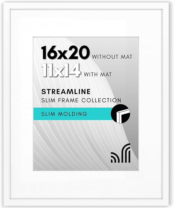 Americanflat 16x20 Picture Frame with Polished Plexiglass - Use as 11x14 Frame with Mat or Display 16x20 Photo Without Mat - Streamline Collection - Thin Border Picture Frames for Wall - White