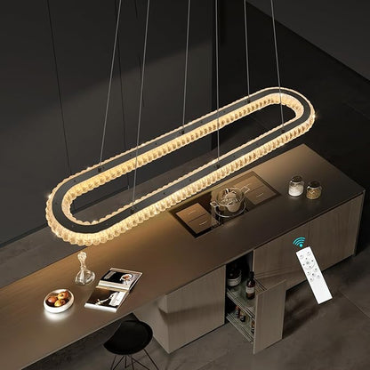 LED Oval Ring Chandelier Crystal Pendant Lighting for Dining Table Kitchen Island Remote Dimmable Hanging Light Chandeliers for Entryway Living Room Lights Black
