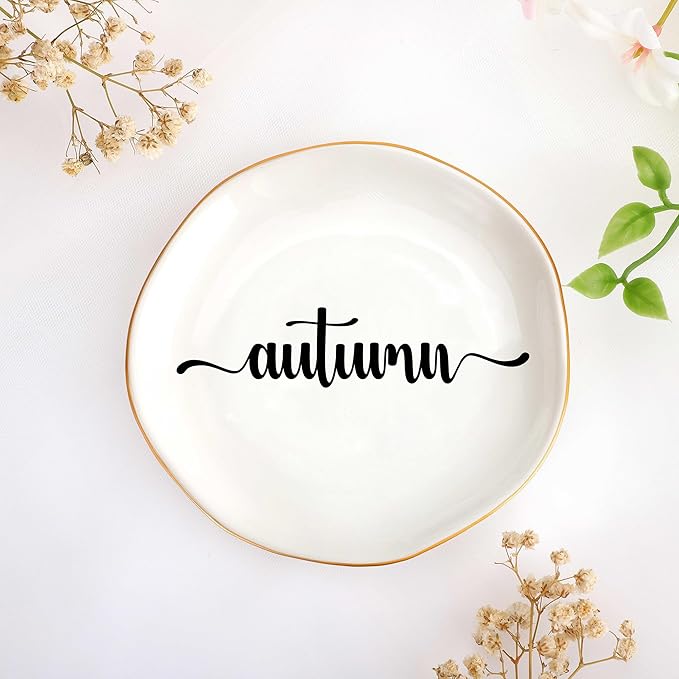 JoycuFF Autumn Personalized Name Ceramic Jewelry Tray, Mothers Day Christmas Anniversary Engagement Birthday Gifts for Women Couples, Trinket Dish for Rings Earrings Necklaces Bracelets Keys