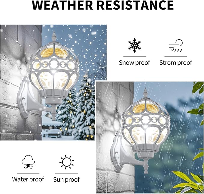 Globe Outdoor Wall Lights for Porch Patio Garage, White Aluminum Outdoor Light Fixtures Wall Mount, Sphere Waterproof Outside Wall Sconces Exterior House Lantern Lighting with Amber Glass, 2 Pack