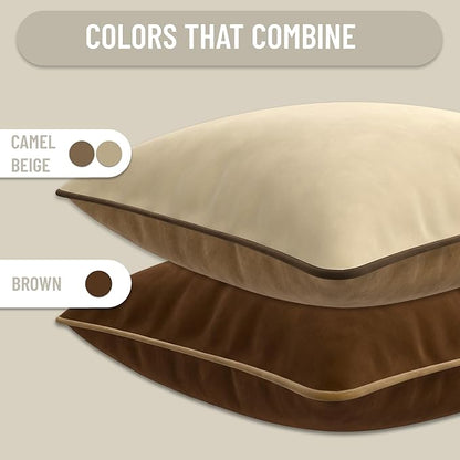 Set of 2 Decorative Throw Pillow Covers Cushion Cases. Soft Velvet. Contrast Pipping Edge. Filling Not Included. (12x20in, Camel/Beige)