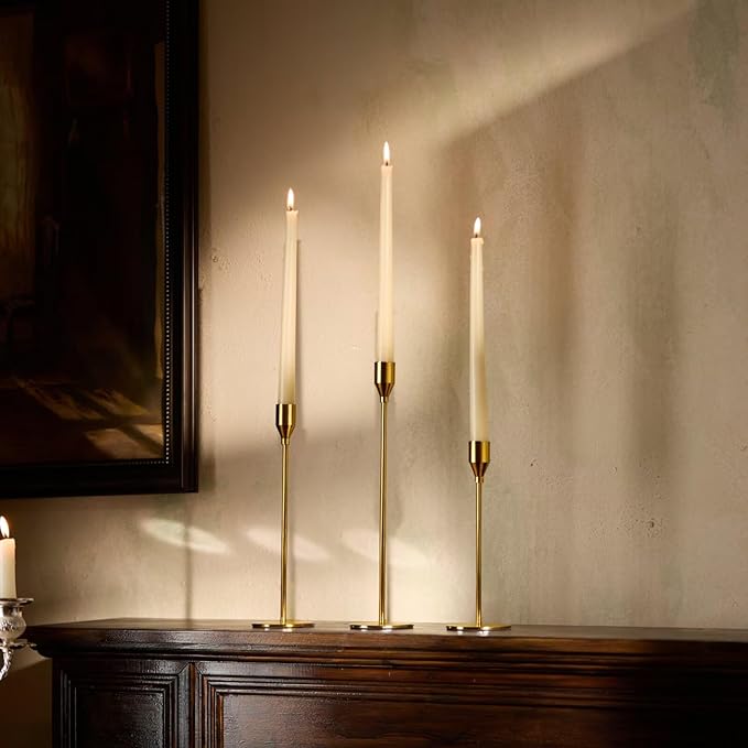 Solid Taper Candle Holders Set of 6, Vintage Brass Long Skinny Candlestick (Heights: 9/11/13 Inch), Heavy Iron Anti-Slip Base for Fireplace Mantle Table Centerpiece Wedding Decor