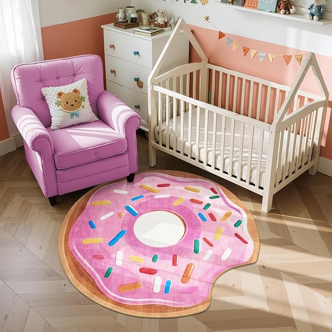jinchan Cute Round Rug 5ft Strawberry Donut Fun Rug Washable Playroom Mat Sweet Dessert Circle Cool Rug Non Slip 5' Round Soft Cozy Pink Funky Gift for Girls Kids Teens Dorm Bedroom Living Room